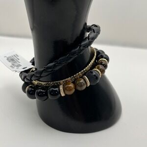 Guess Bracelet Set of 3 Gold Chain Beaded Black Braided‎ Women's Jewelry